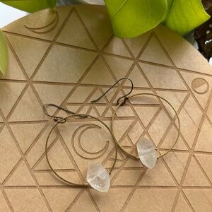 Elegant Brass Hoop Earrings with Clear Quartz Crystal